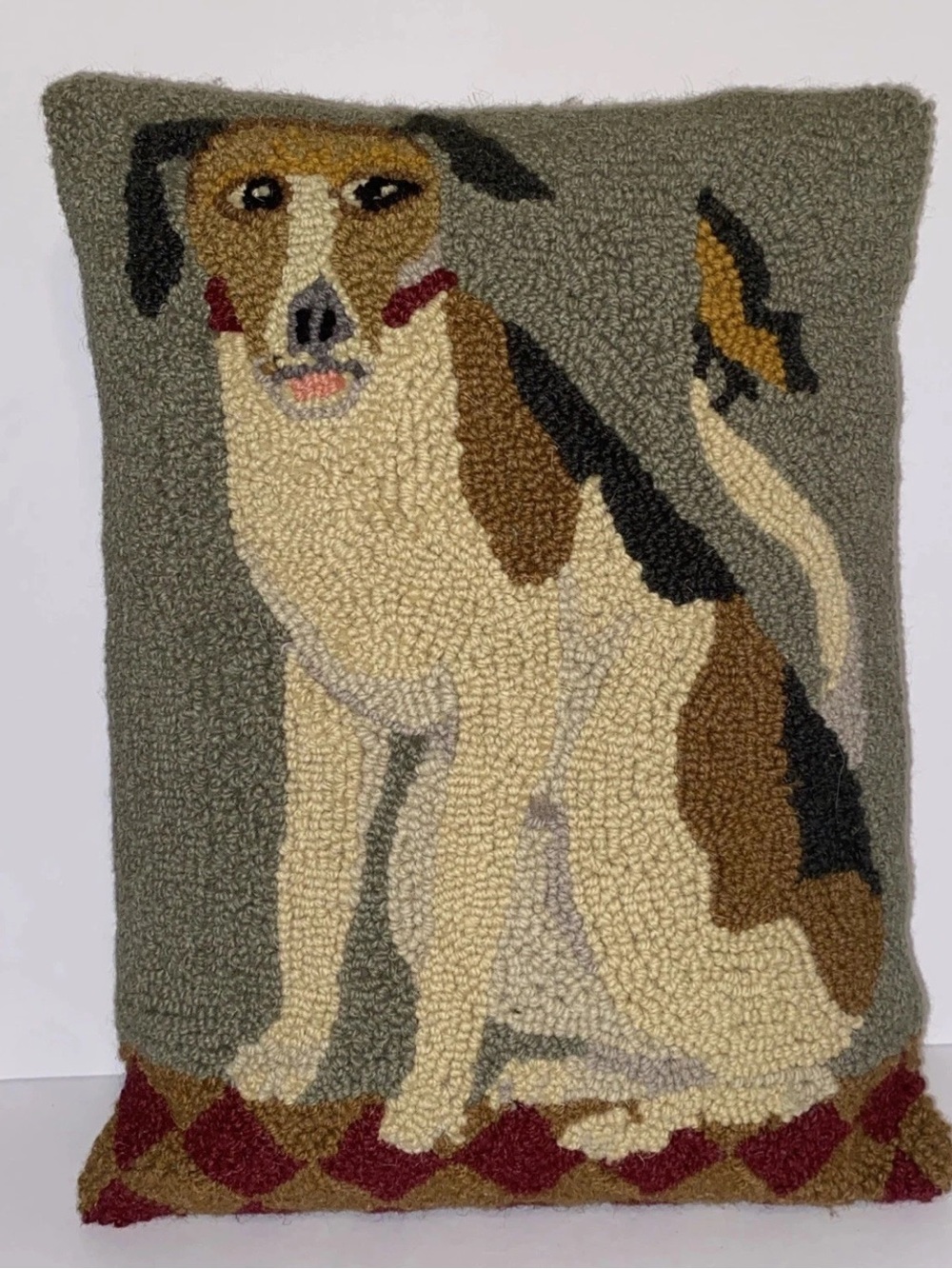 Vintage Wool Hooked Rug Pillow Dog Butterfly Accent Pillow 14" X 18"